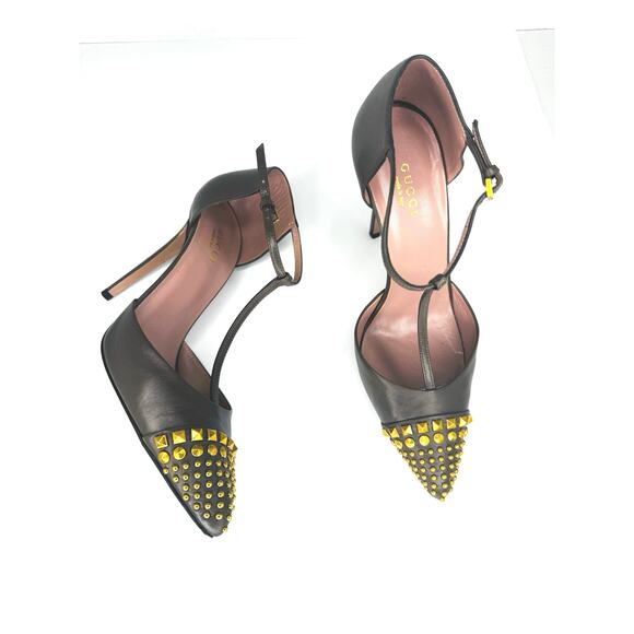 Gucci Studded Malaga Kid Gray Pointed Toe Stiletto Heels Size 37.5 Rockstud Pump - Picture 6 of 9